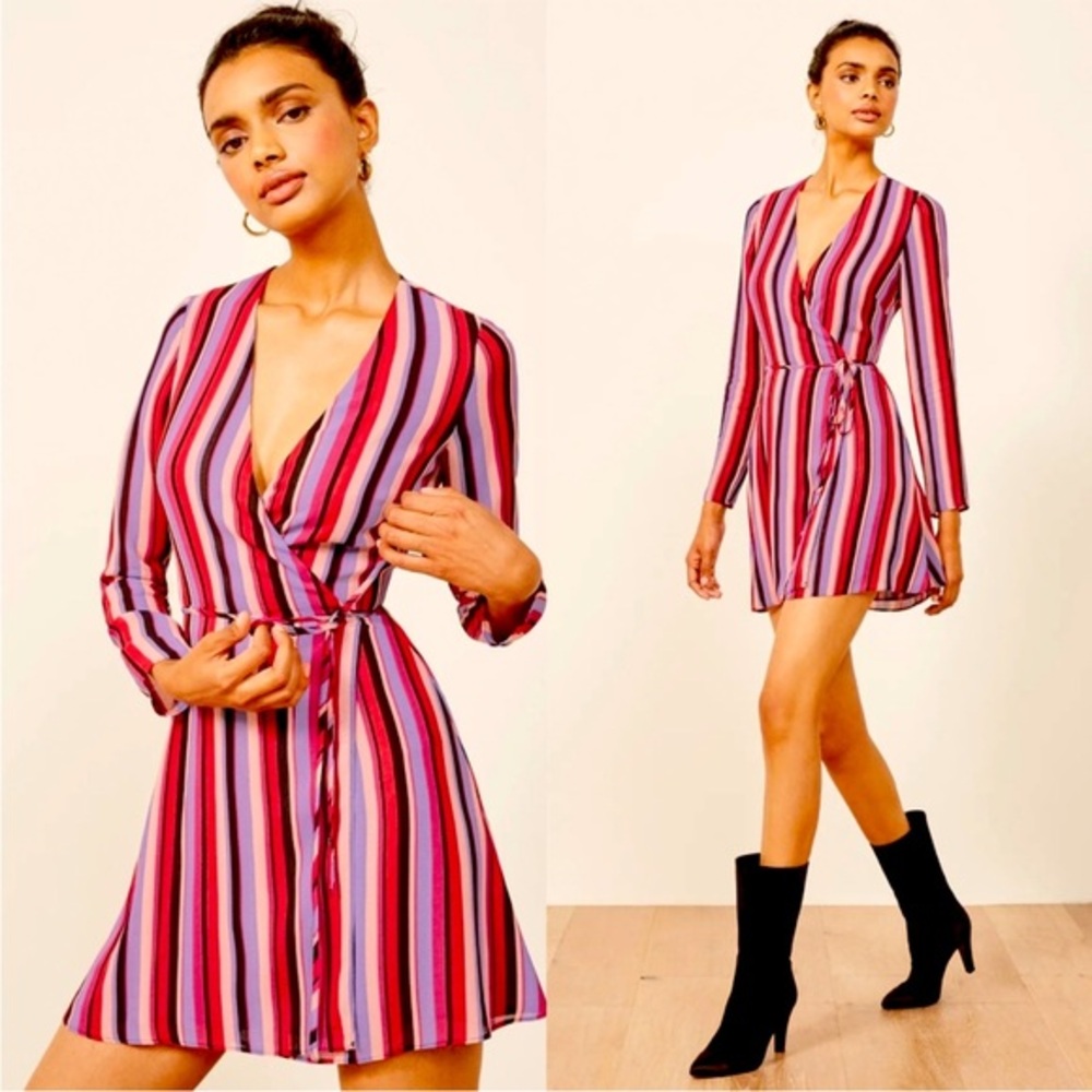 NWT Reformation Gjelina Wrap Luisa Striped Dress Long Sleeve V Neck, size S